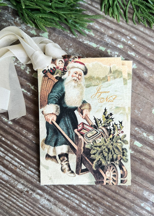 SANTA with WheelBarrow Toys Christmas Gift Tags Vintage JOYEUX NOEL Tree Farmhouse Decor Card French Shabby Gift Wrap