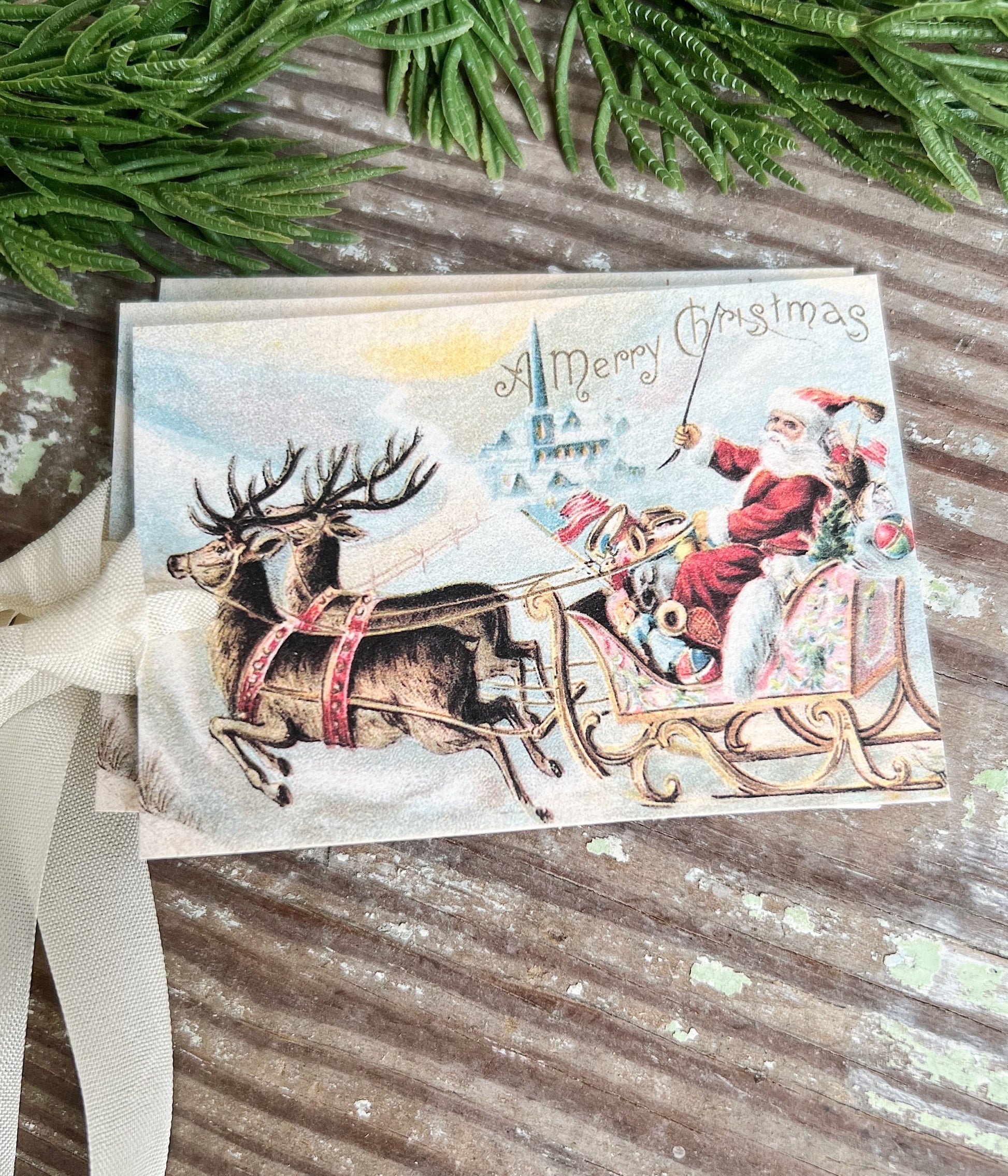 MERRY CHRISTMAS SANTA Sleigh Christmas Gift Tags Vintage Farmhouse Decor Card French Shabby Gift Wrap