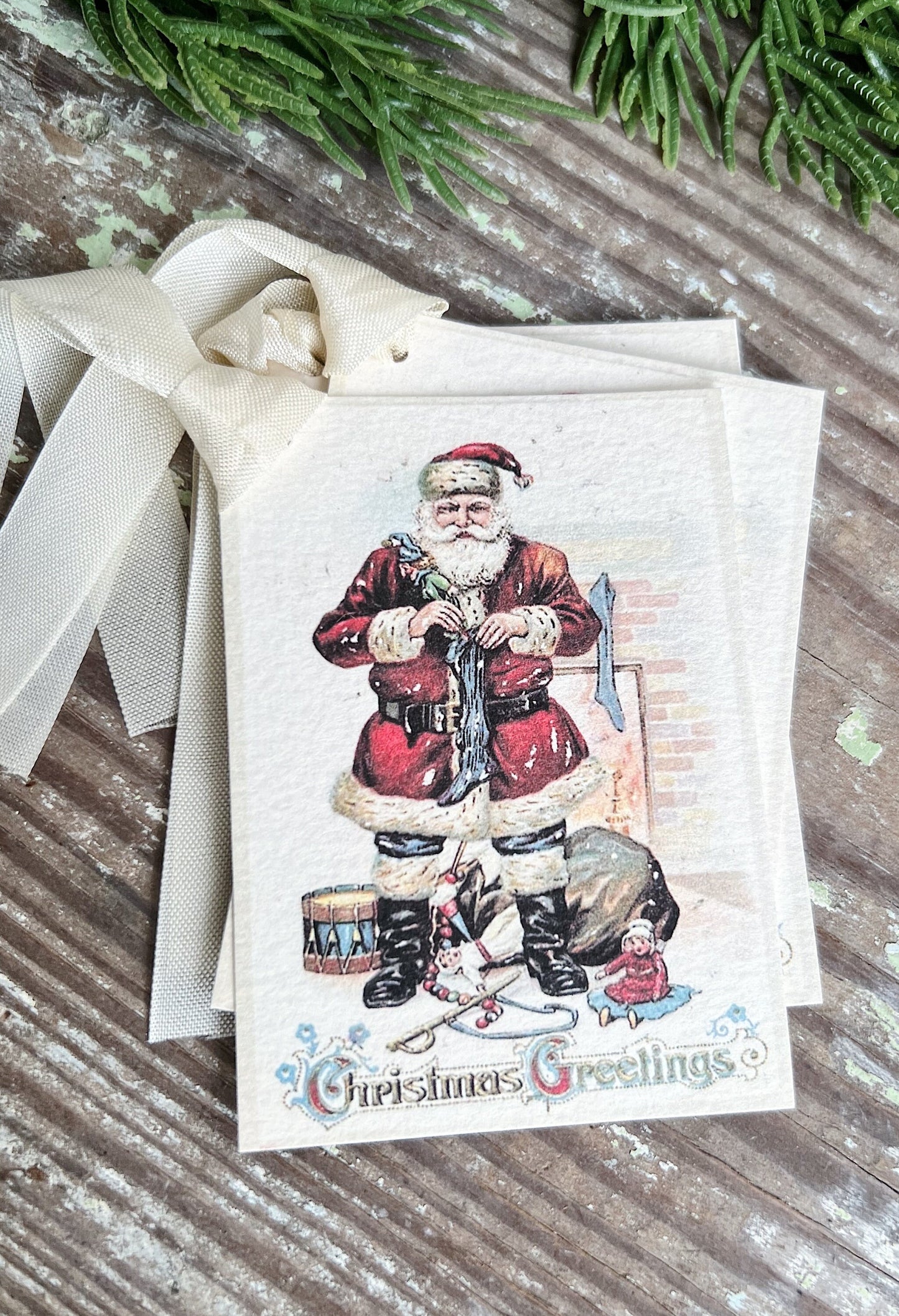 CHRISTMAS GREETINGS SANTA Toy Bag Christmas Gift Tags Vintage Farmhouse Decor Card French Shabby Gift Wrap