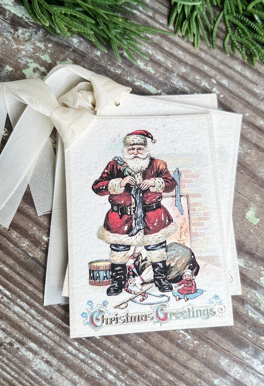 CHRISTMAS GREETINGS SANTA Toy Bag Christmas Gift Tags Vintage Farmhouse Decor Card French Shabby Gift Wrap