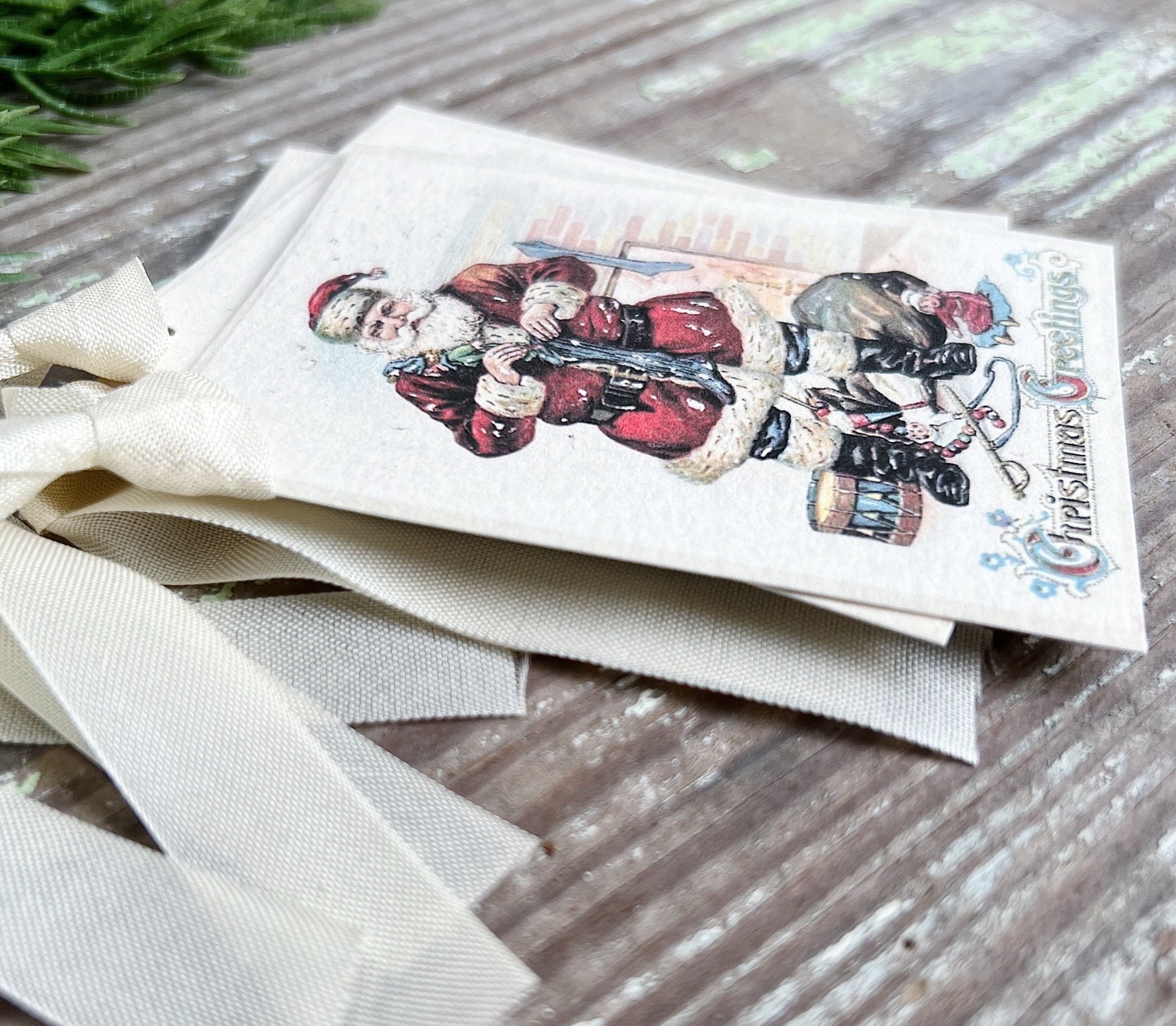 CHRISTMAS GREETINGS SANTA Toy Bag Christmas Gift Tags Vintage Farmhouse Decor Card French Shabby Gift Wrap