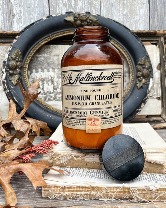 Antique Apothecary Amber Brown Glass Bottle 1 lb. MALLINCKRODT Pharmacy AMMONIUM CHLORIDE Industrial Decor Industrial Salvage