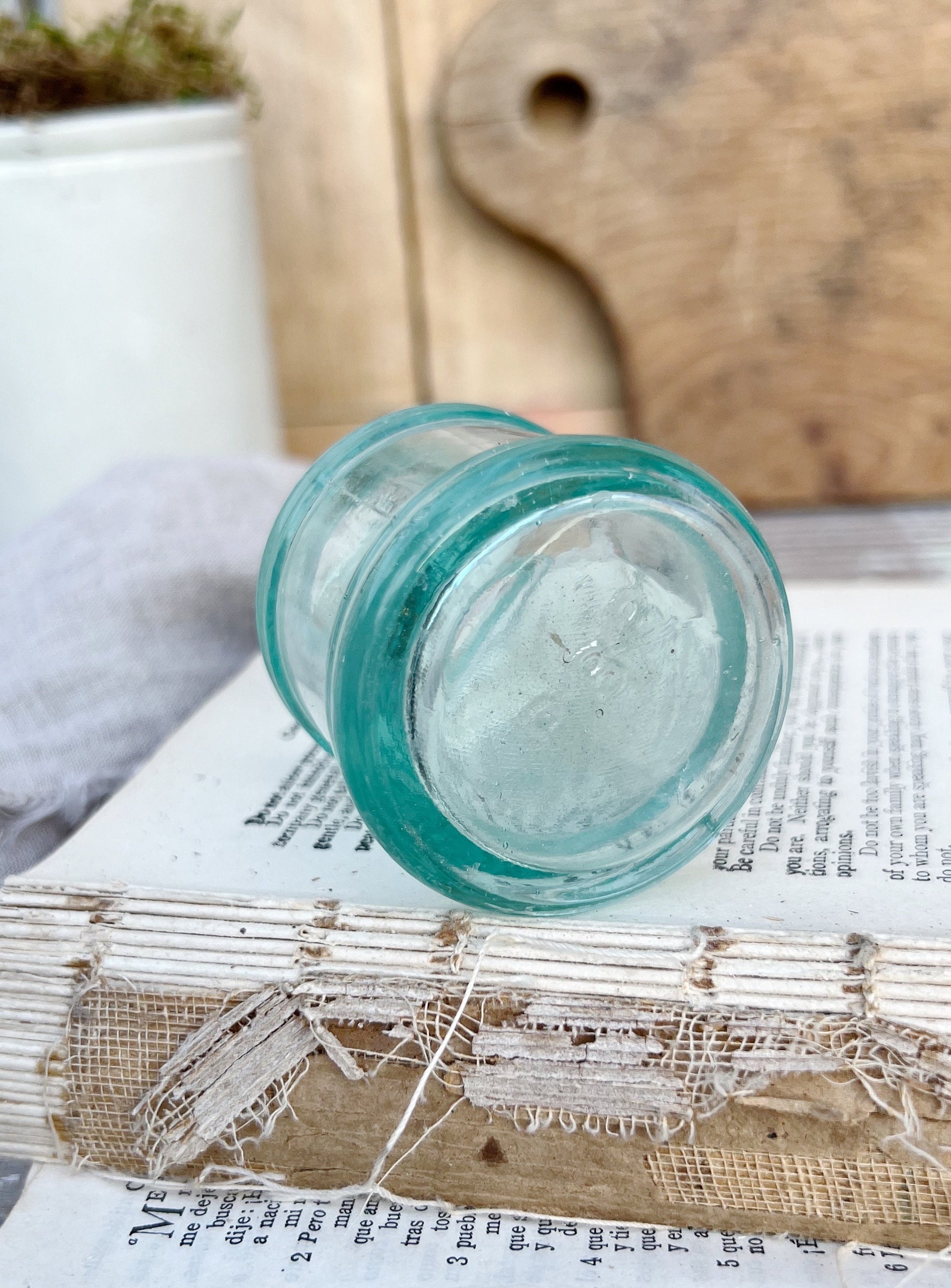 SANFORDS Antique English Aqua Glass Inkwell Bottle Green Blue Ink Well