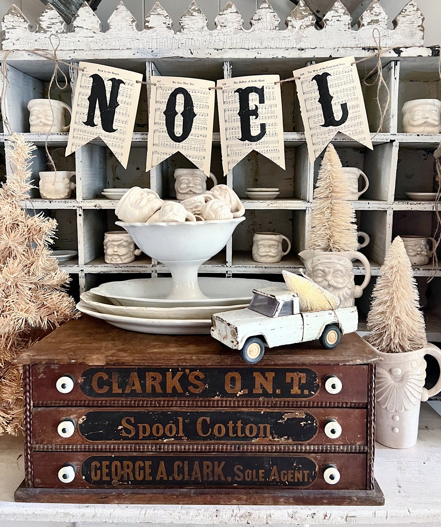 Christmas Banner NOEL Vintage Hymnal Sheet Music Bunting Pennant Sign Farmhouse Decor Garland Rustic Book Page Art Primitive Christmas Decor