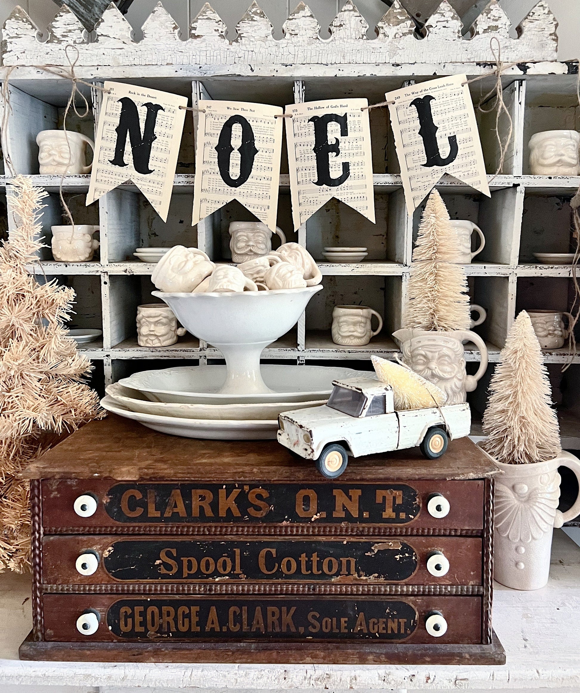 Christmas Banner NOEL Vintage Hymnal Sheet Music Bunting Pennant Sign Farmhouse Decor Garland Rustic Book Page Art Primitive Christmas Decor