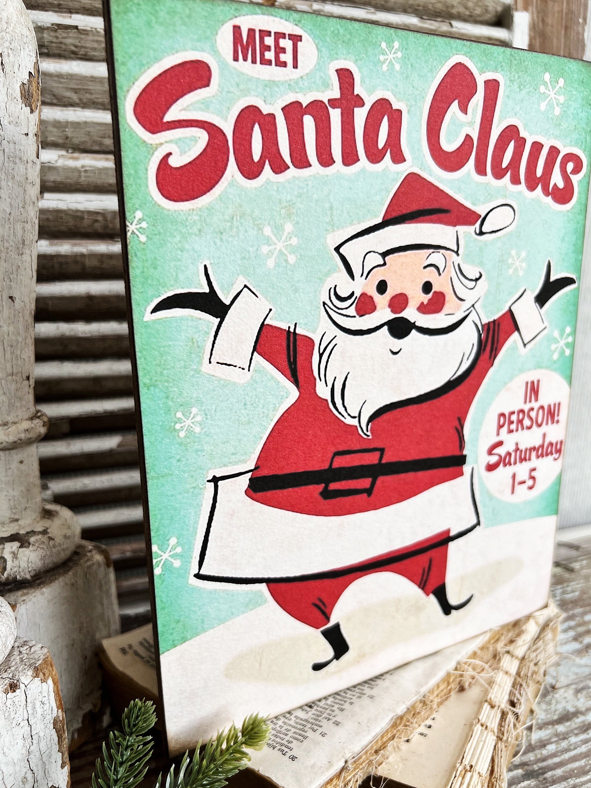 SANTA CLAUS Wood Sign Farmhouse Christmas Decor Vintage Advertising Sign Wall Art Print Meet Santa