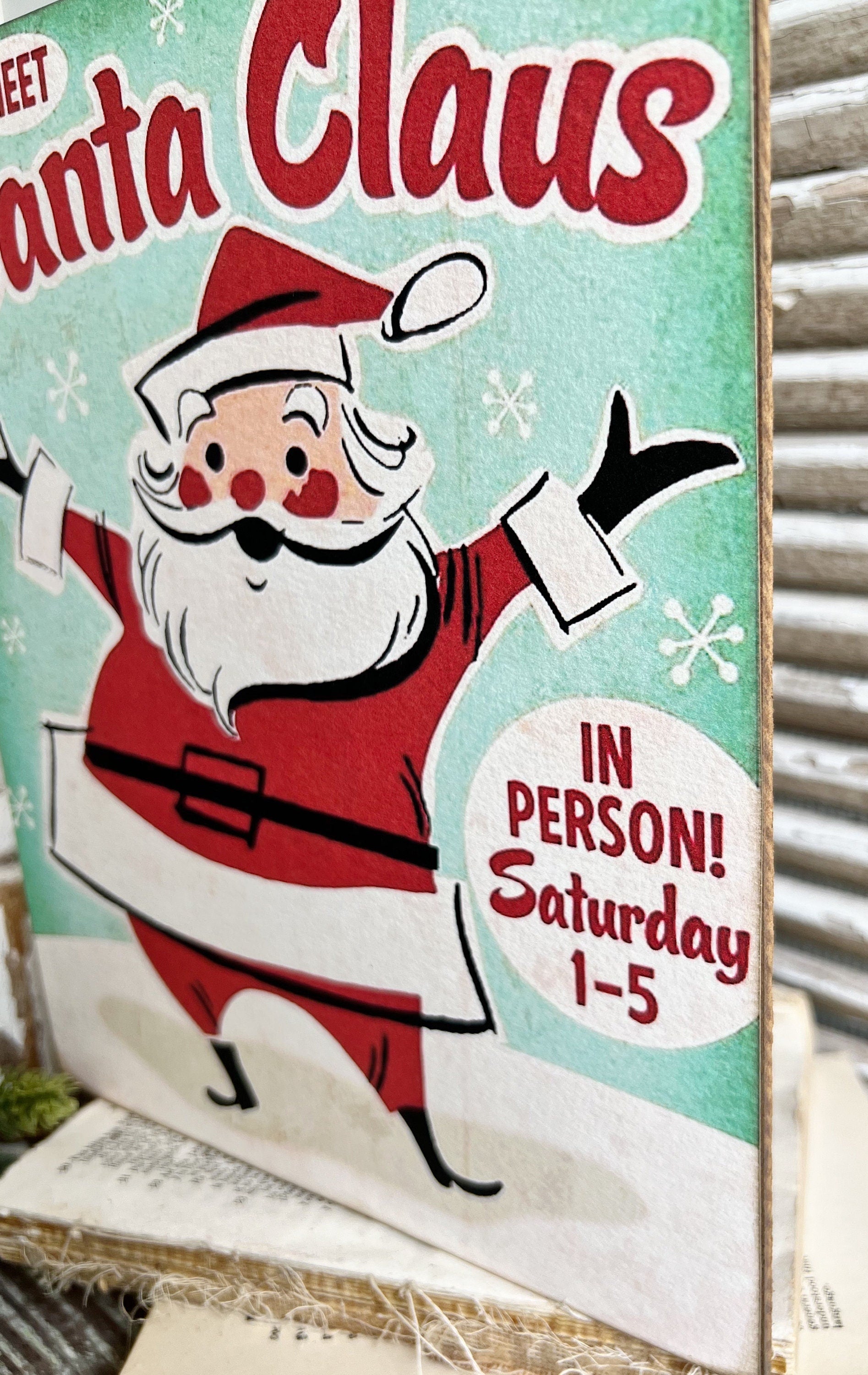 SANTA CLAUS Wood Sign Farmhouse Christmas Decor Vintage Advertising Sign Wall Art Print Meet Santa