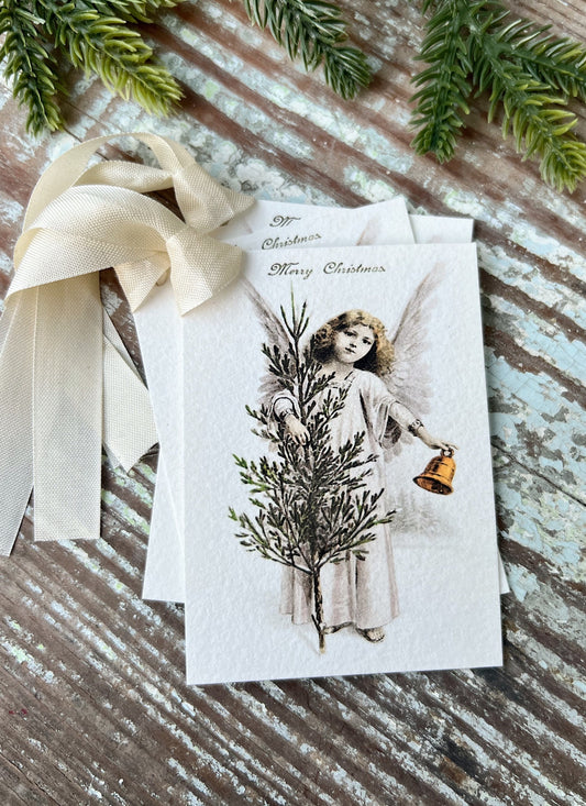 ANGEL Merry Christmas Gift Tags Vintage Bell Farmhouse Decor Card French Shabby Gift Wrap Christmas Tree Ornament