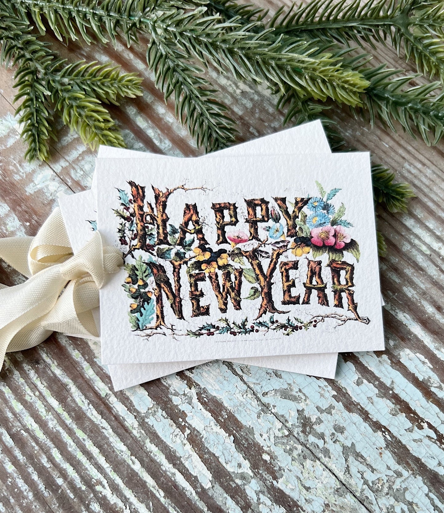 HAPPY NEW YEAR Gift Tags Vintage Farmhouse Decor Card French Shabby Gift Wrap Christmas Tree Ornament