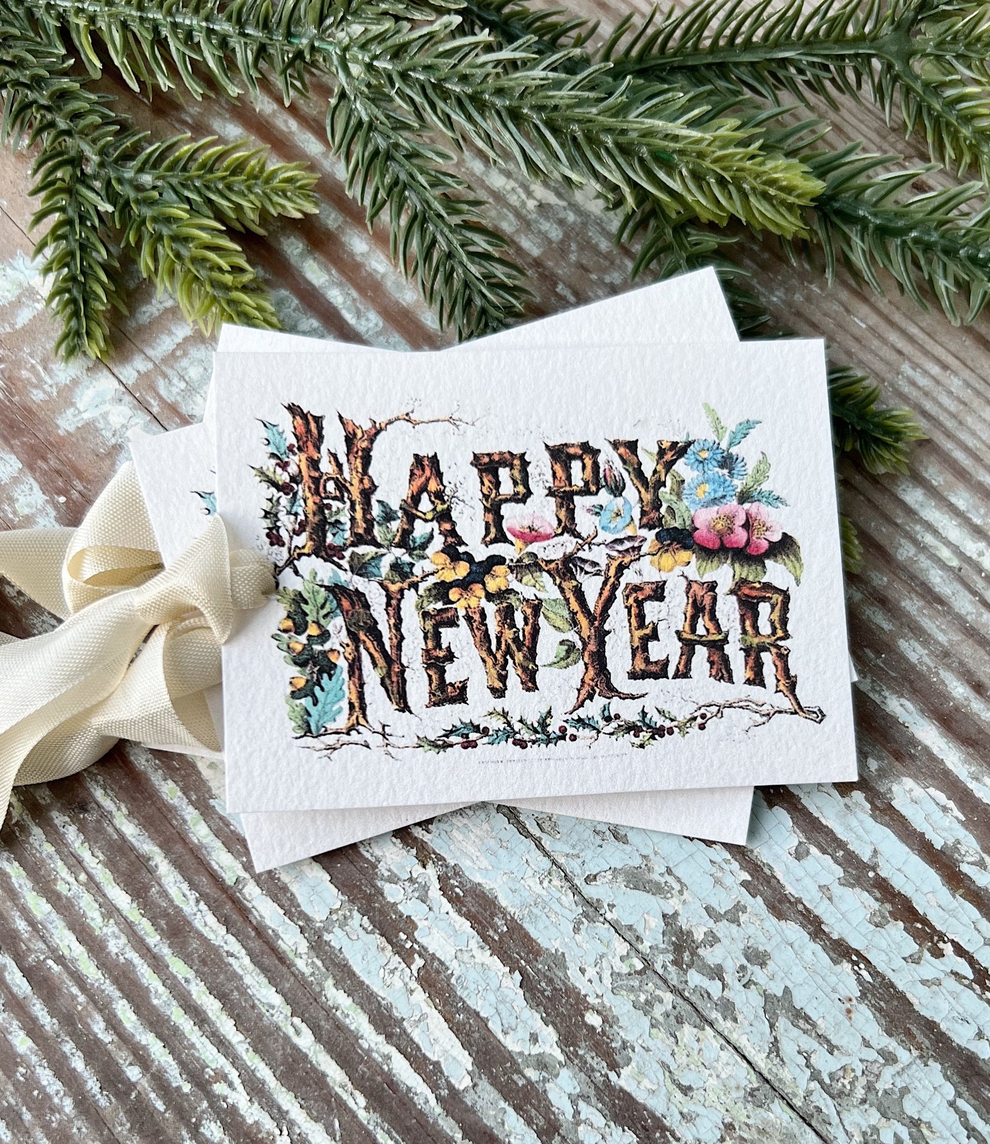 HAPPY NEW YEAR Gift Tags Vintage Farmhouse Decor Card French Shabby Gift Wrap Christmas Tree Ornament
