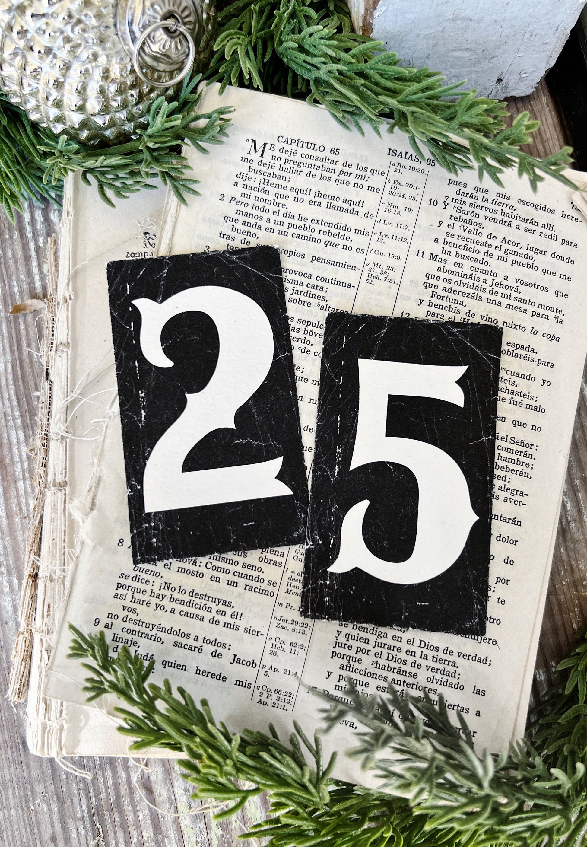 CHRISTMAS Number 25 BLACK Card Sign Set Farmhouse Decor Cardstock Vintage Style Church Gothic