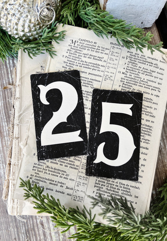 CHRISTMAS Number 25 BLACK Card Sign Set Farmhouse Decor Cardstock Vintage Style Church Gothic