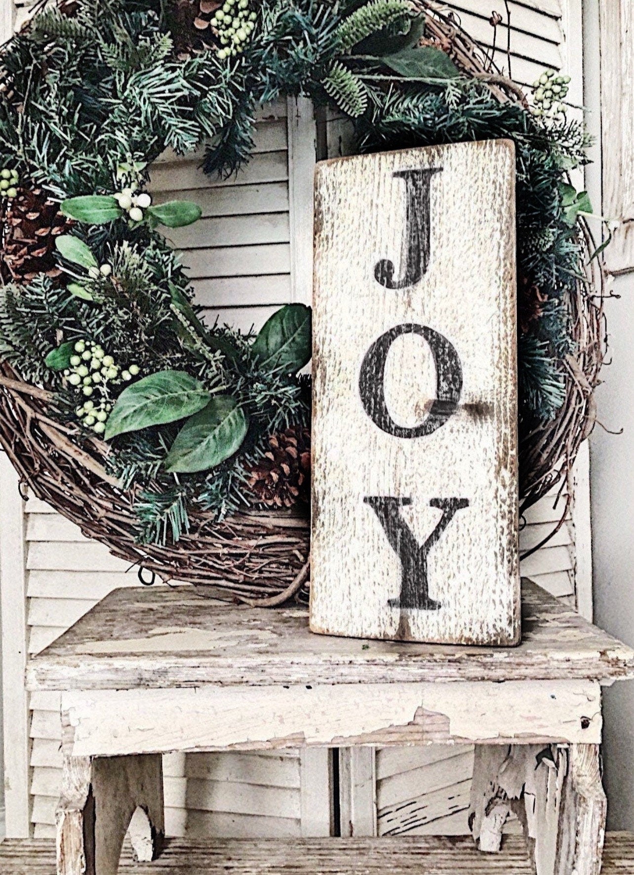 JOY Christmas Farmhouse Sign Painted Salvage Barn Wood Reclaimed Primitive White Chippy Paint Architectural Farmhouse Decor