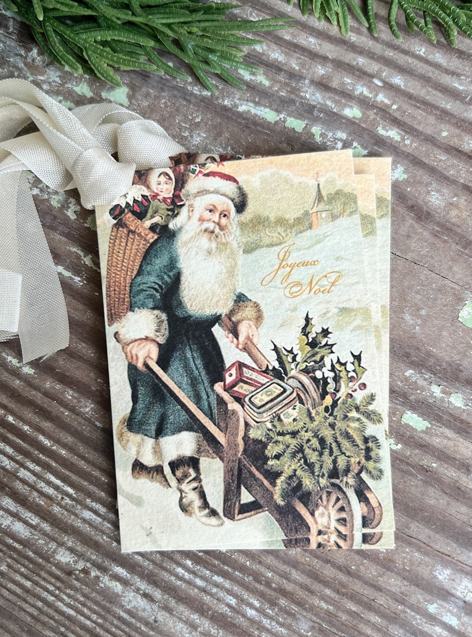 SANTA with WheelBarrow Toys Christmas Gift Tags Vintage JOYEUX NOEL Tree Farmhouse Decor Card French Shabby Gift Wrap