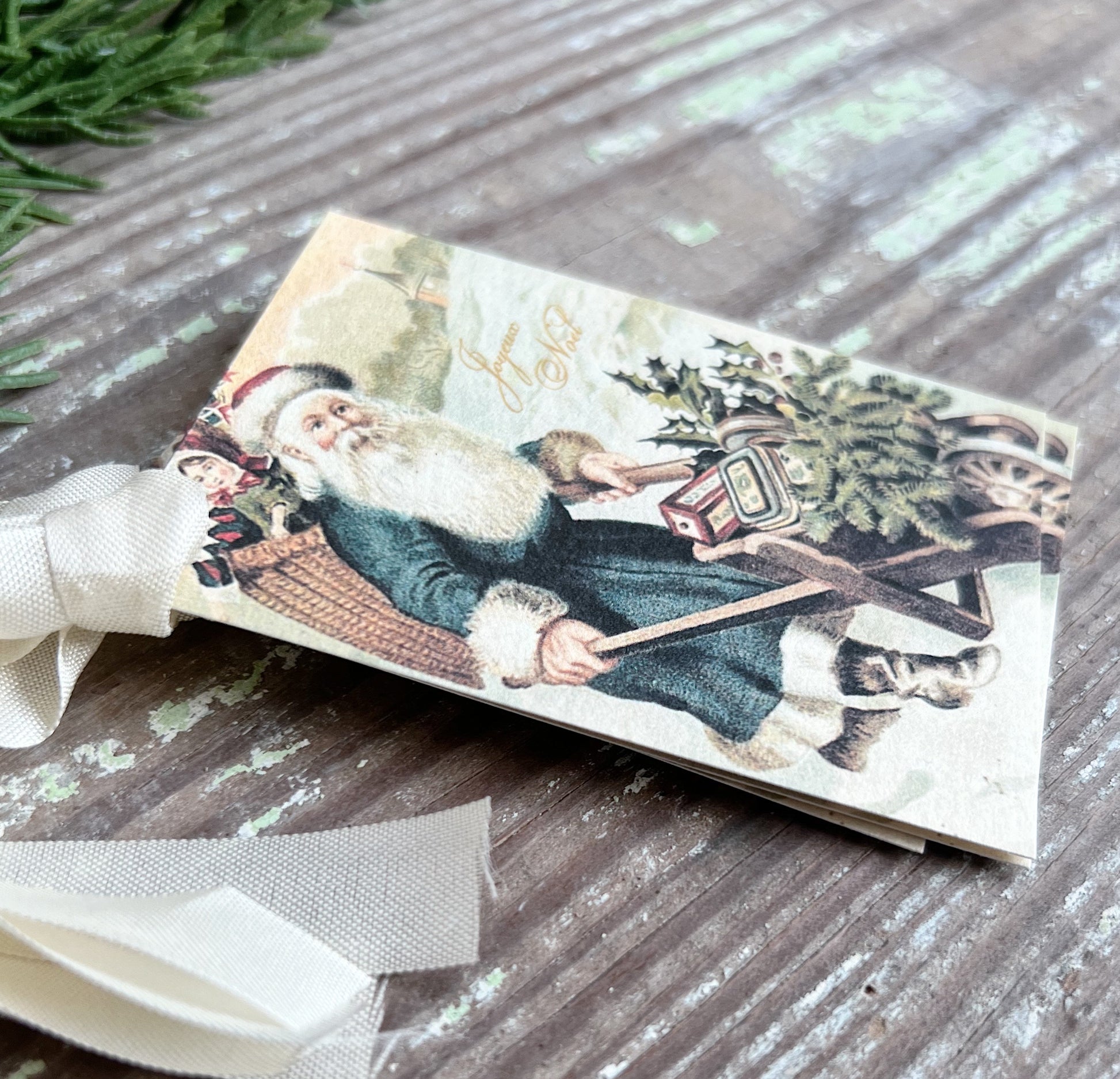 SANTA with WheelBarrow Toys Christmas Gift Tags Vintage JOYEUX NOEL Tree Farmhouse Decor Card French Shabby Gift Wrap