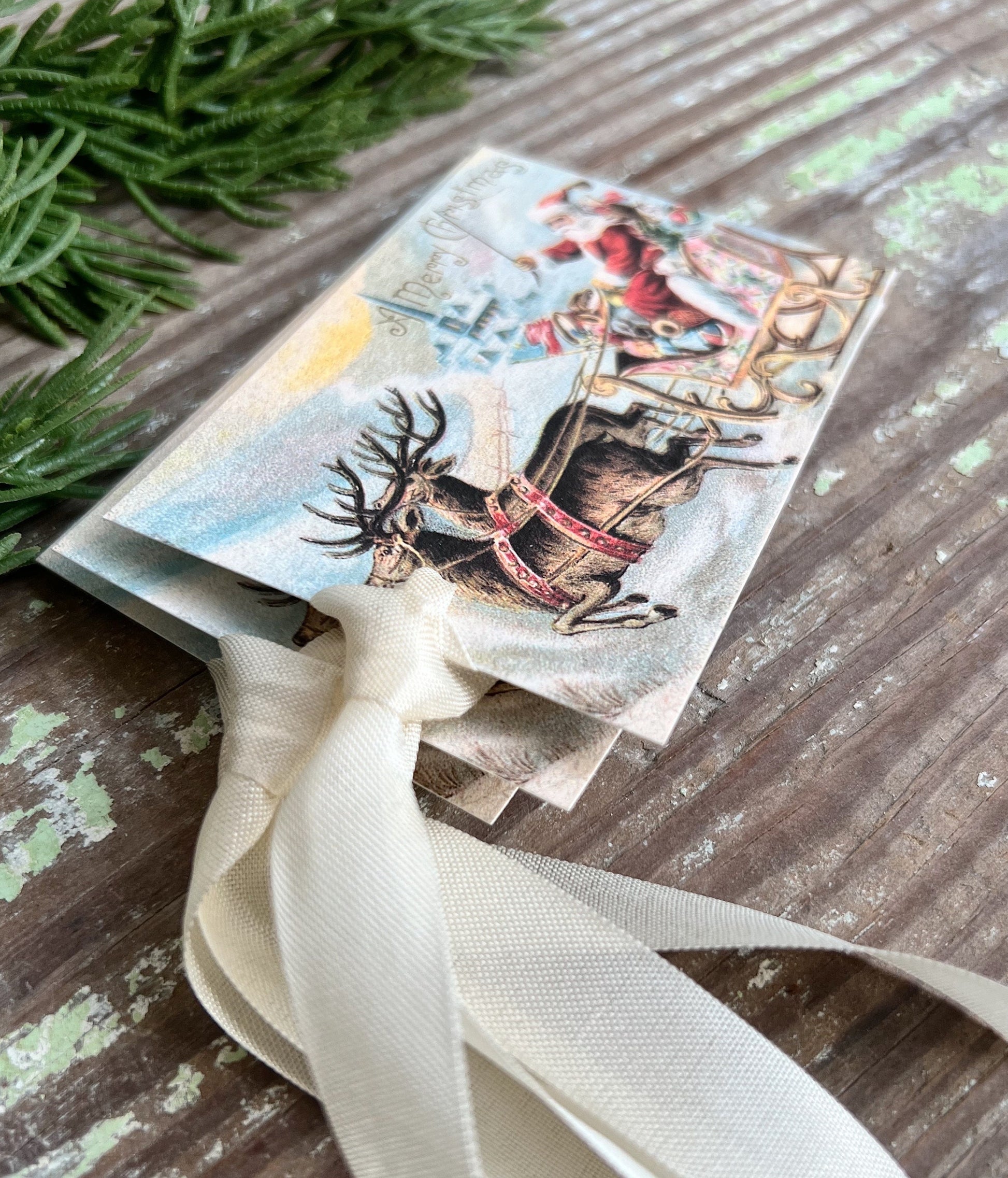 MERRY CHRISTMAS SANTA Sleigh Christmas Gift Tags Vintage Farmhouse Decor Card French Shabby Gift Wrap