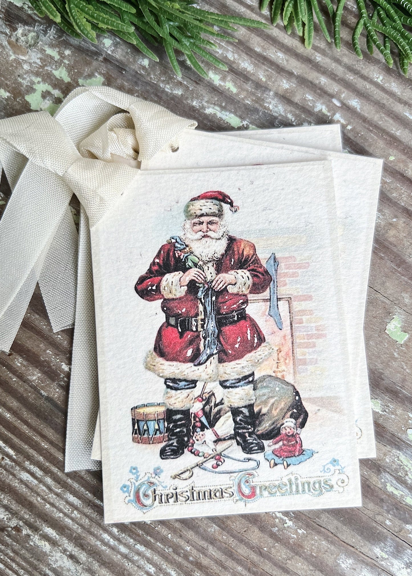 CHRISTMAS GREETINGS SANTA Toy Bag Christmas Gift Tags Vintage Farmhouse Decor Card French Shabby Gift Wrap