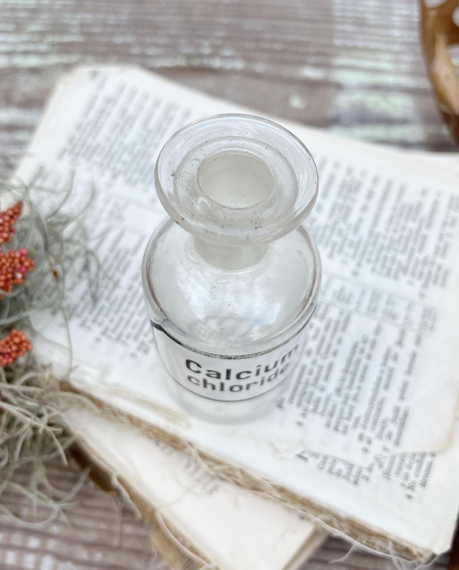 Antique Glass Apothecary Bottle CALCIUM CHLORIDE with Label Pharmacy Farmhouse Industrial Decor Industrial Medical Salvage