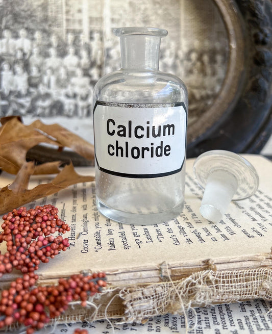 Antique Glass Apothecary Bottle CALCIUM CHLORIDE with Label Pharmacy Farmhouse Industrial Decor Industrial Medical Salvage