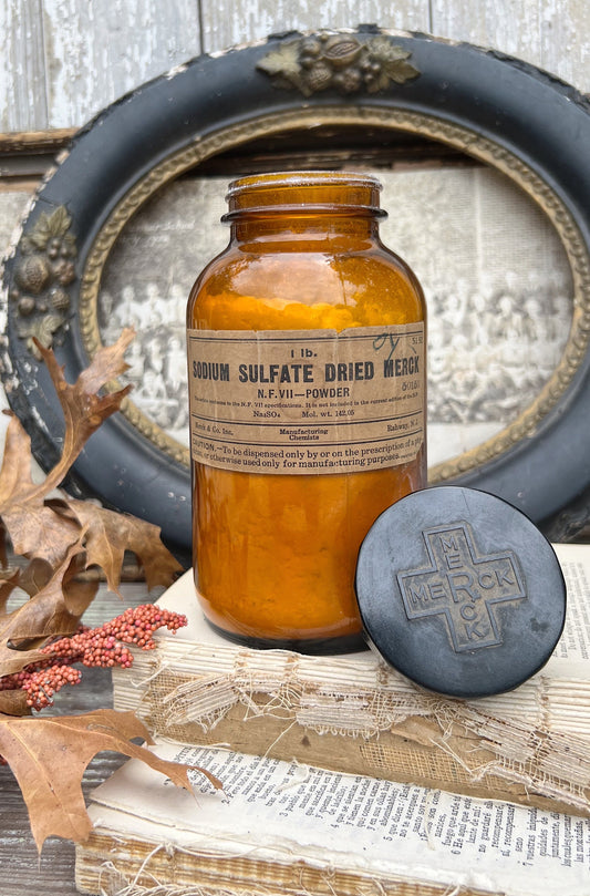 Antique Apothecary Amber Brown Glass Bottle 1 lb. MERCK Pharmacy SODIUM SULFATE Industrial Decor Industrial Salvage