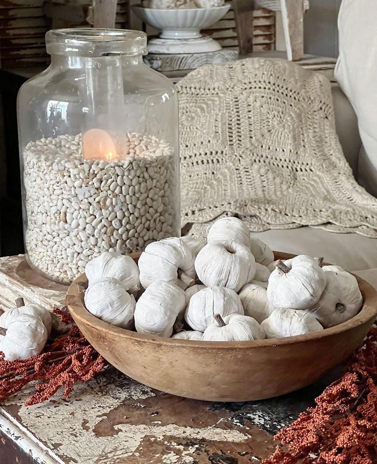 SET OF 6 WHITE Mini Pumpkins Wooden Husk Painted Pumpkin Farmhouse Decor Fall Decor Bowl Filler Boos