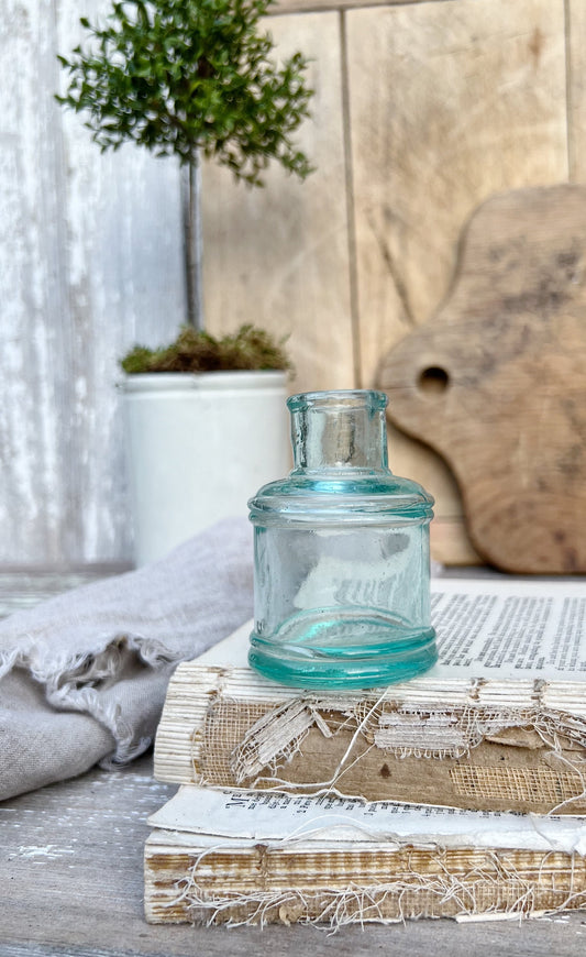 SANFORDS Antique English Aqua Glass Inkwell Bottle Green Blue Ink Well