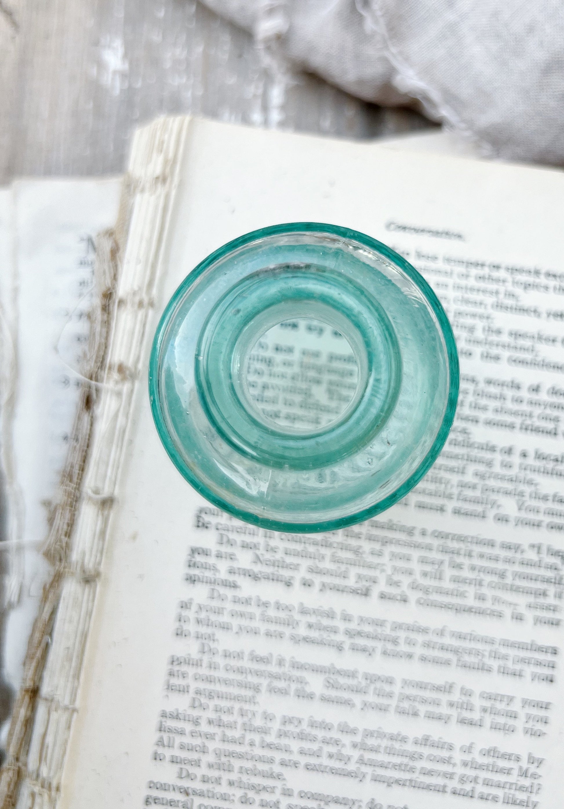 SANFORDS Antique English Aqua Glass Inkwell Bottle Green Blue Ink Well