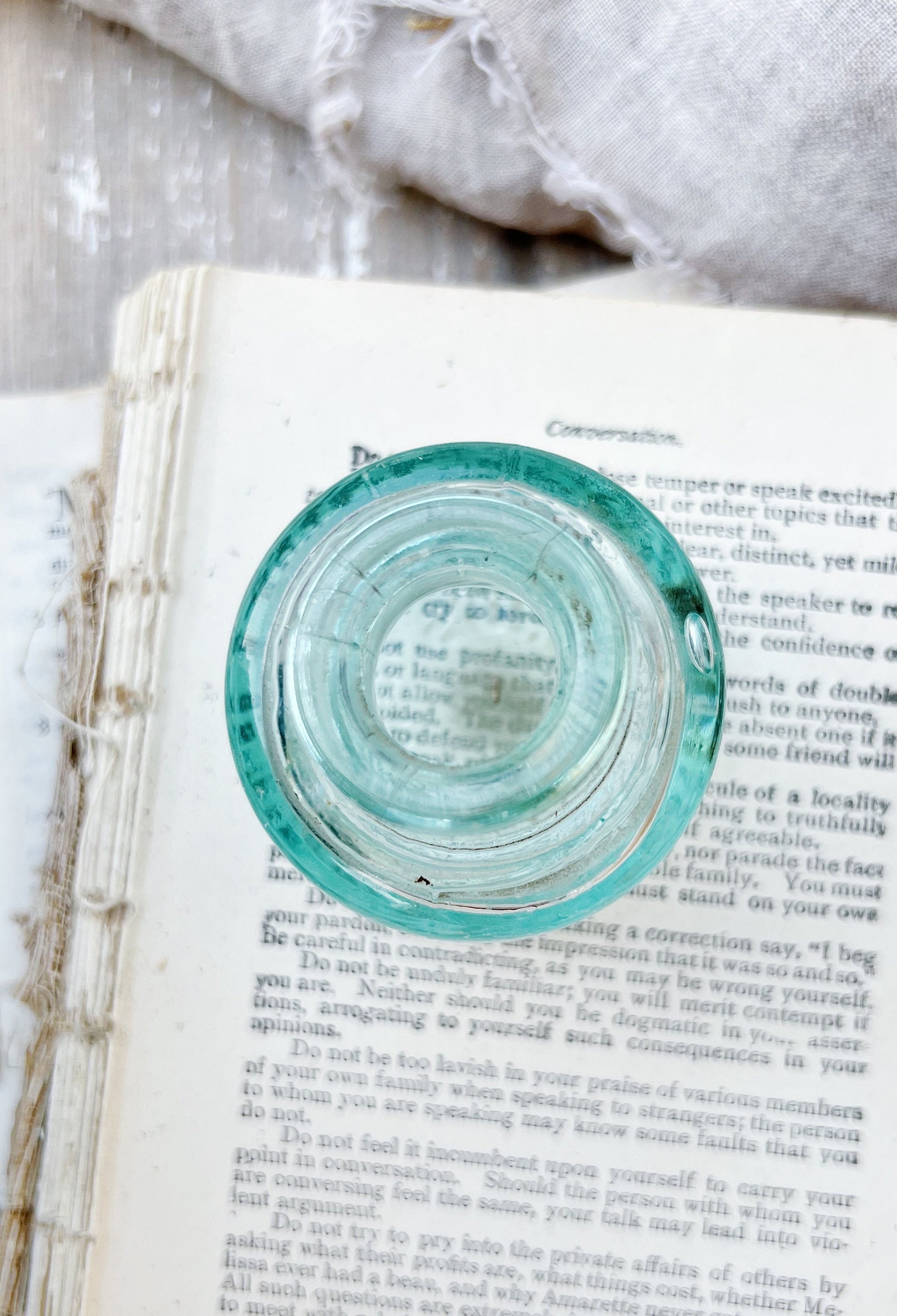 SANFORDS Antique English Aqua Glass Inkwell Bottle Green Blue Ink Well