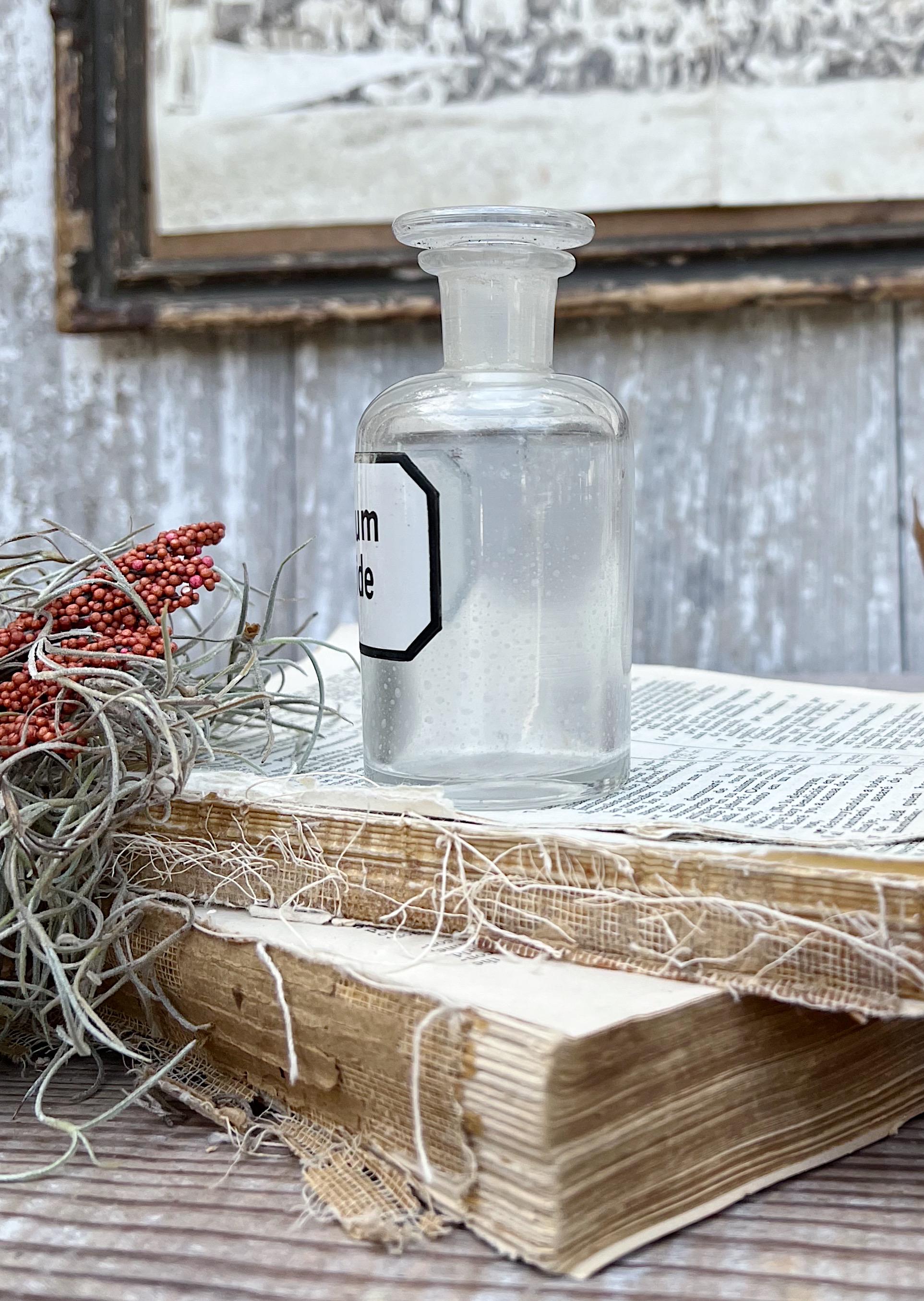 Antique Glass Apothecary Bottle CALCIUM CHLORIDE with Label Pharmacy Farmhouse Industrial Decor Industrial Medical Salvage