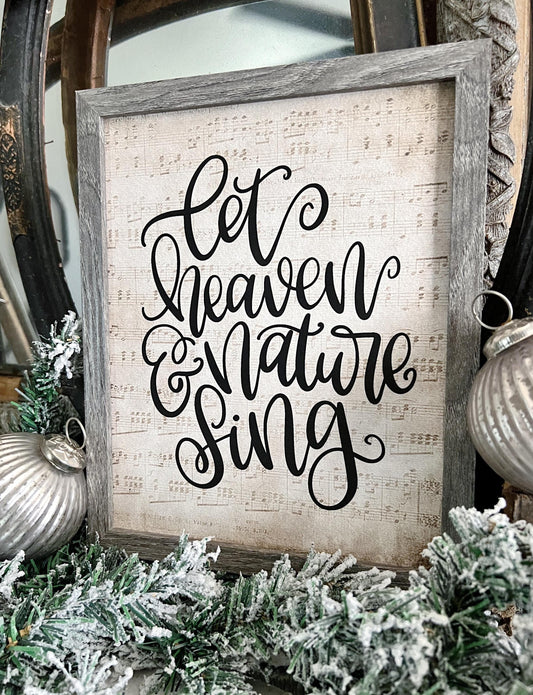 Let Heaven And Nature Sing Wood Sign FRAMED Vintage Christmas Farmhouse Wall Art Print Sheet Music Book Page