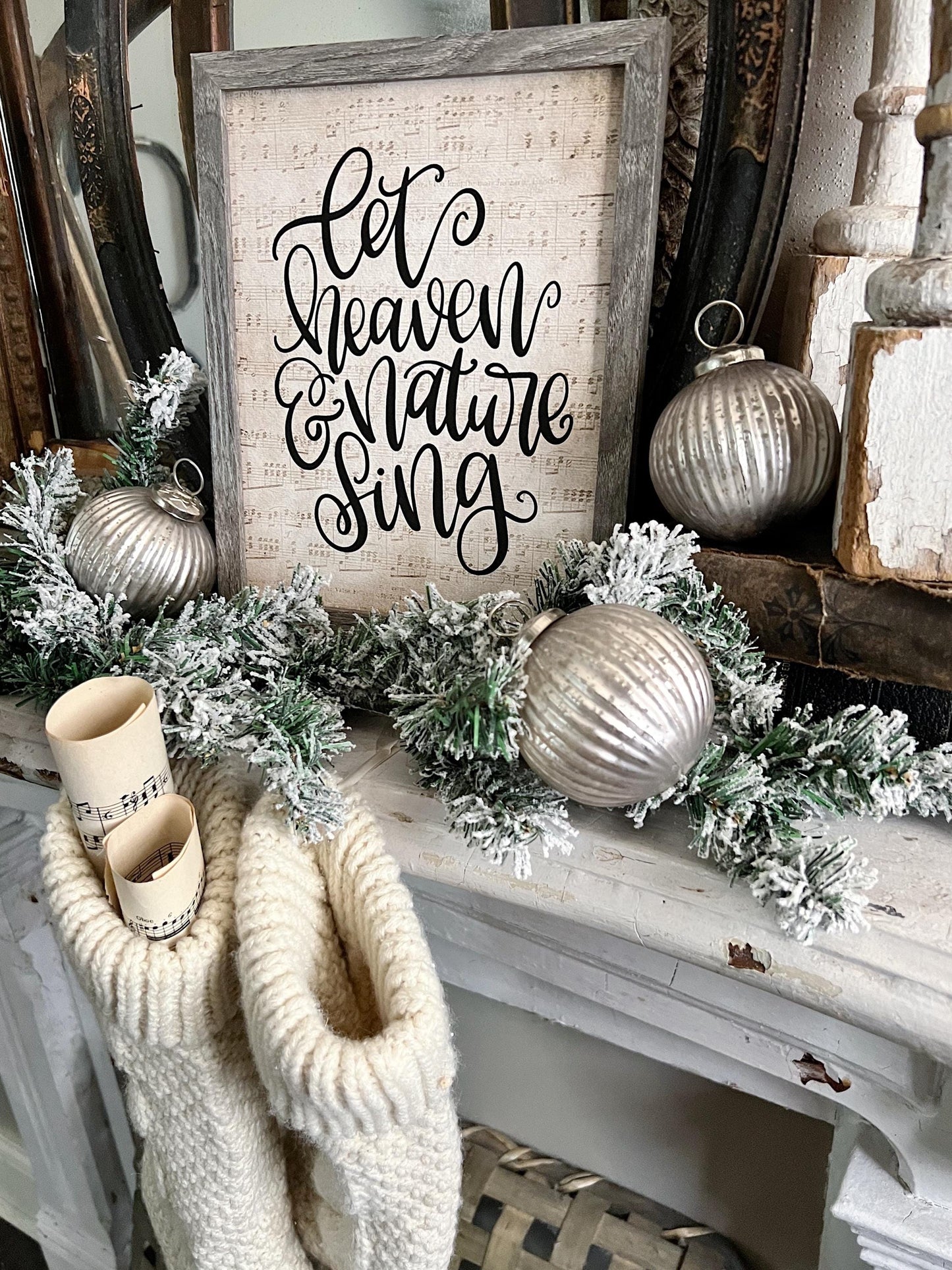 Let Heaven And Nature Sing Wood Sign FRAMED Vintage Christmas Farmhouse Wall Art Print Sheet Music Book Page