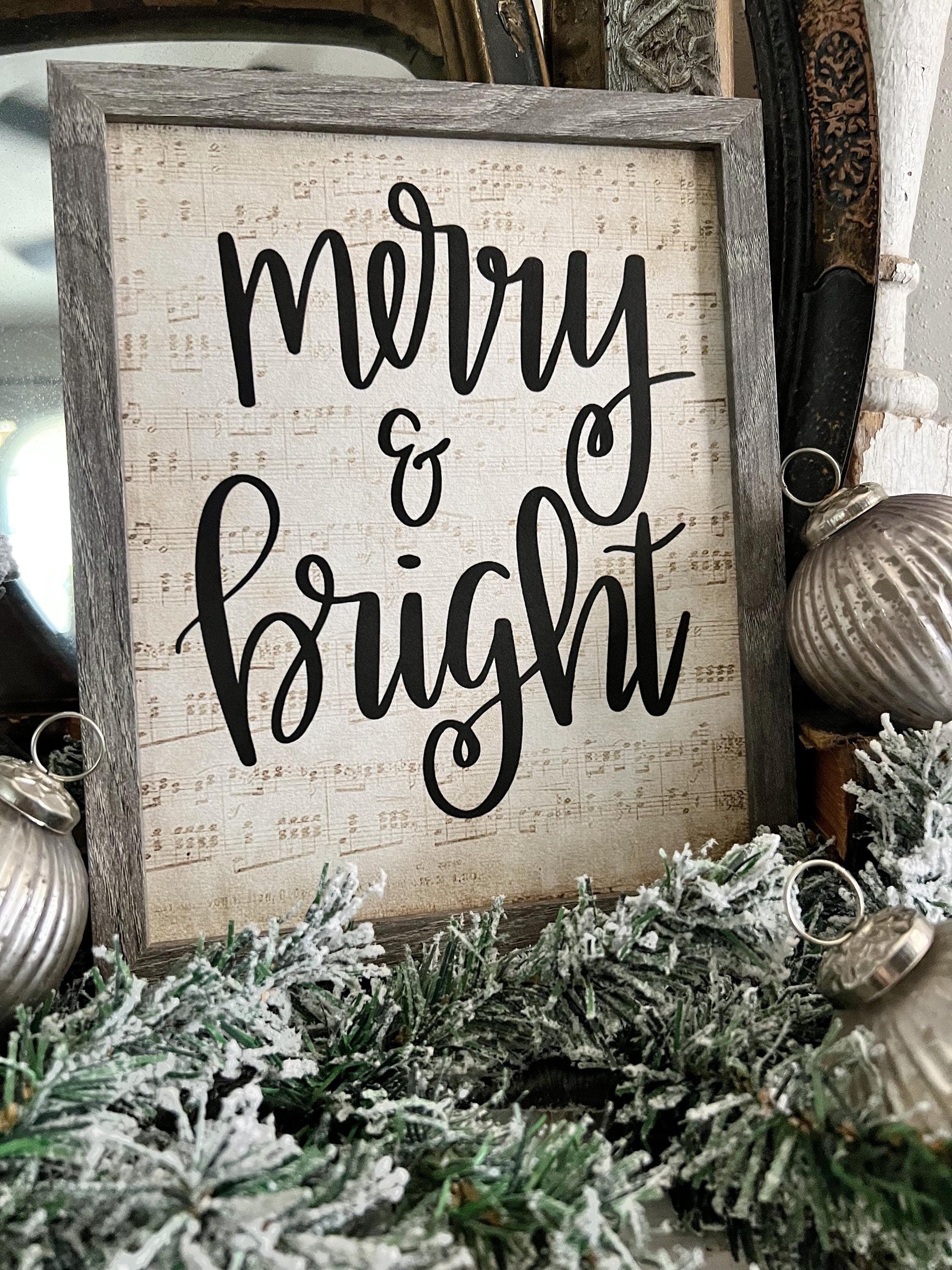 Merry and Bright Wood Sign FRAMED Vintage Christmas Farmhouse Wall Art Print Sheet Music Book Page