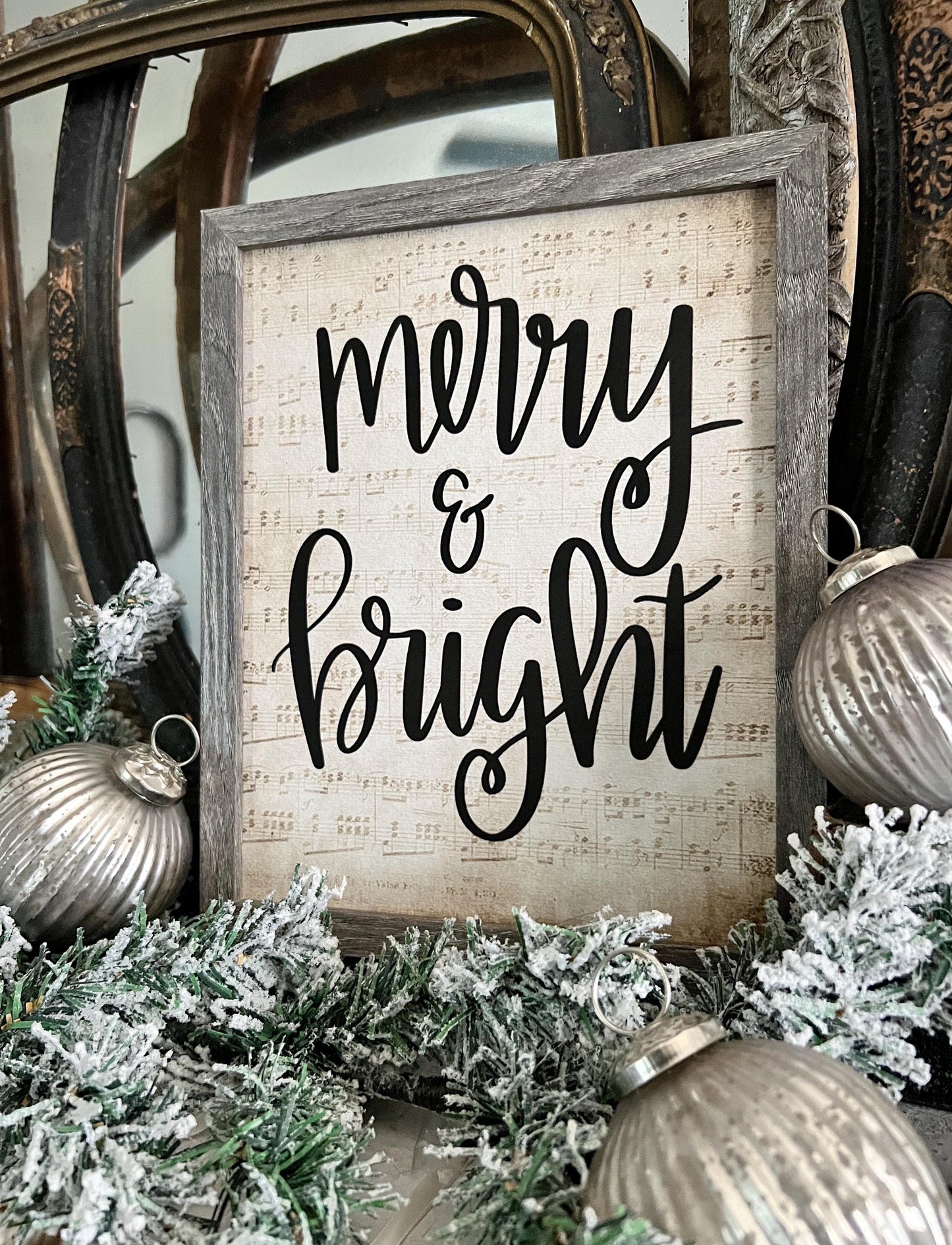 Merry and Bright Wood Sign FRAMED Vintage Christmas Farmhouse Wall Art Print Sheet Music Book Page