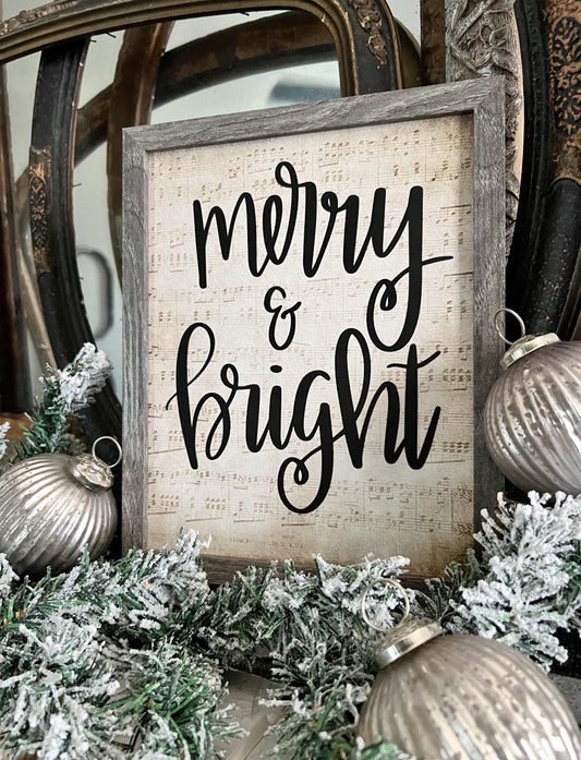 Merry and Bright Wood Sign FRAMED Vintage Christmas Farmhouse Wall Art Print Sheet Music Book Page