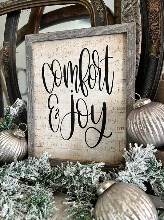 Comfort And Joy Wood Sign FRAMED Vintage Christmas Farmhouse Wall Art Print Sheet Music Book Page