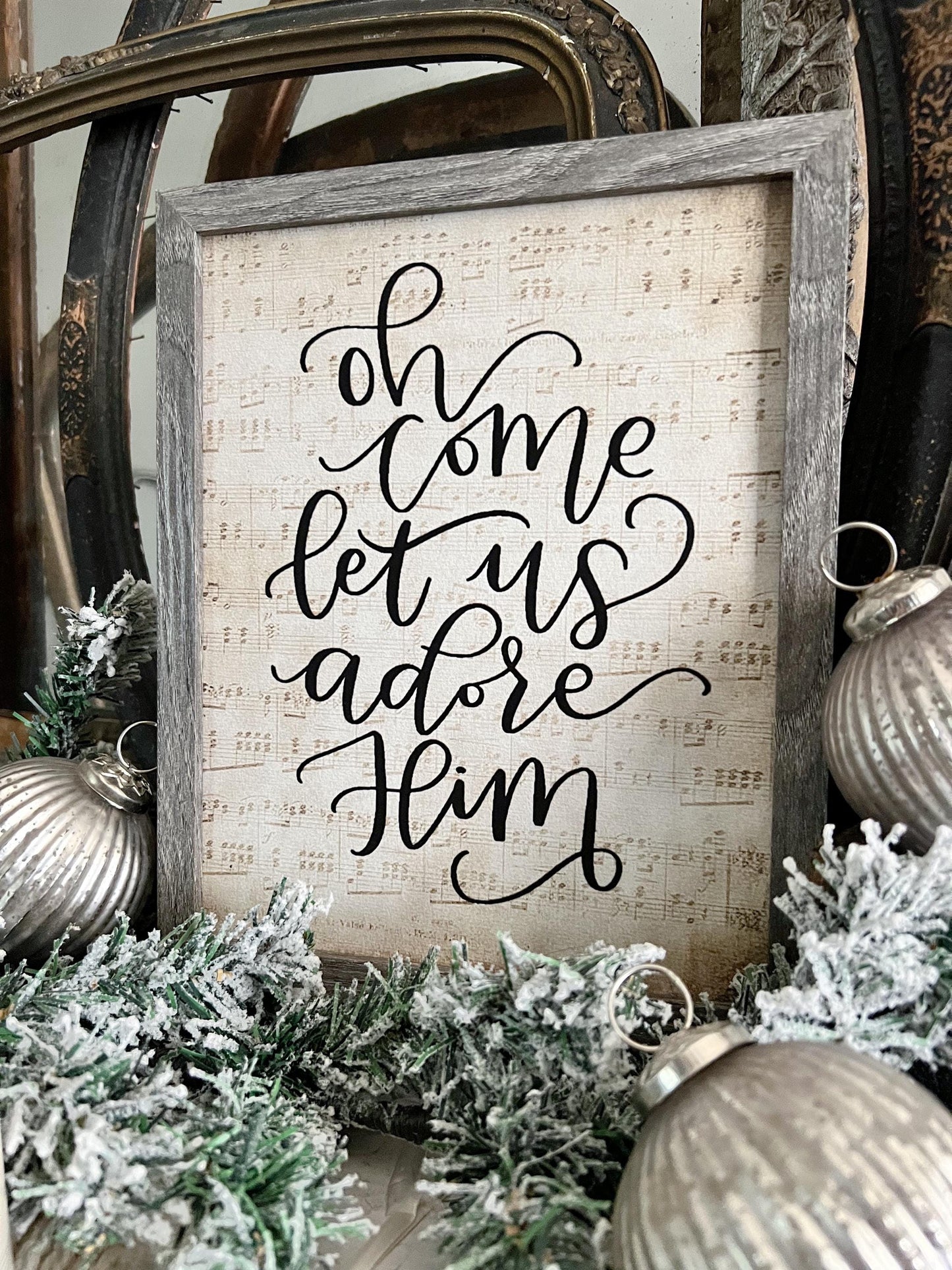 Oh Come Let Us Adore Him Wood Sign FRAMED Vintage Christmas Farmhouse Wall Art Print Sheet Music Book Page