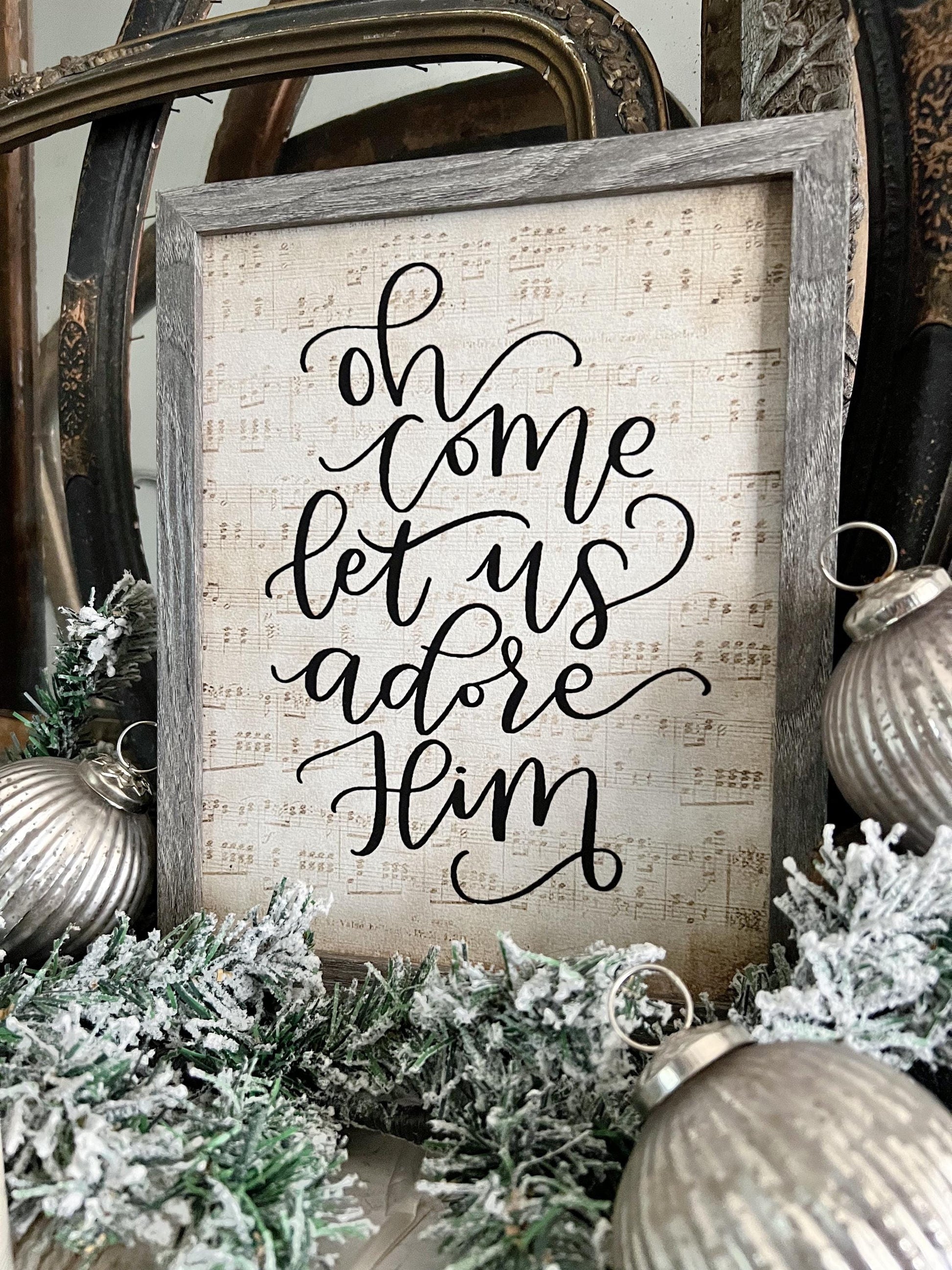 Oh Come Let Us Adore Him Wood Sign FRAMED Vintage Christmas Farmhouse Wall Art Print Sheet Music Book Page
