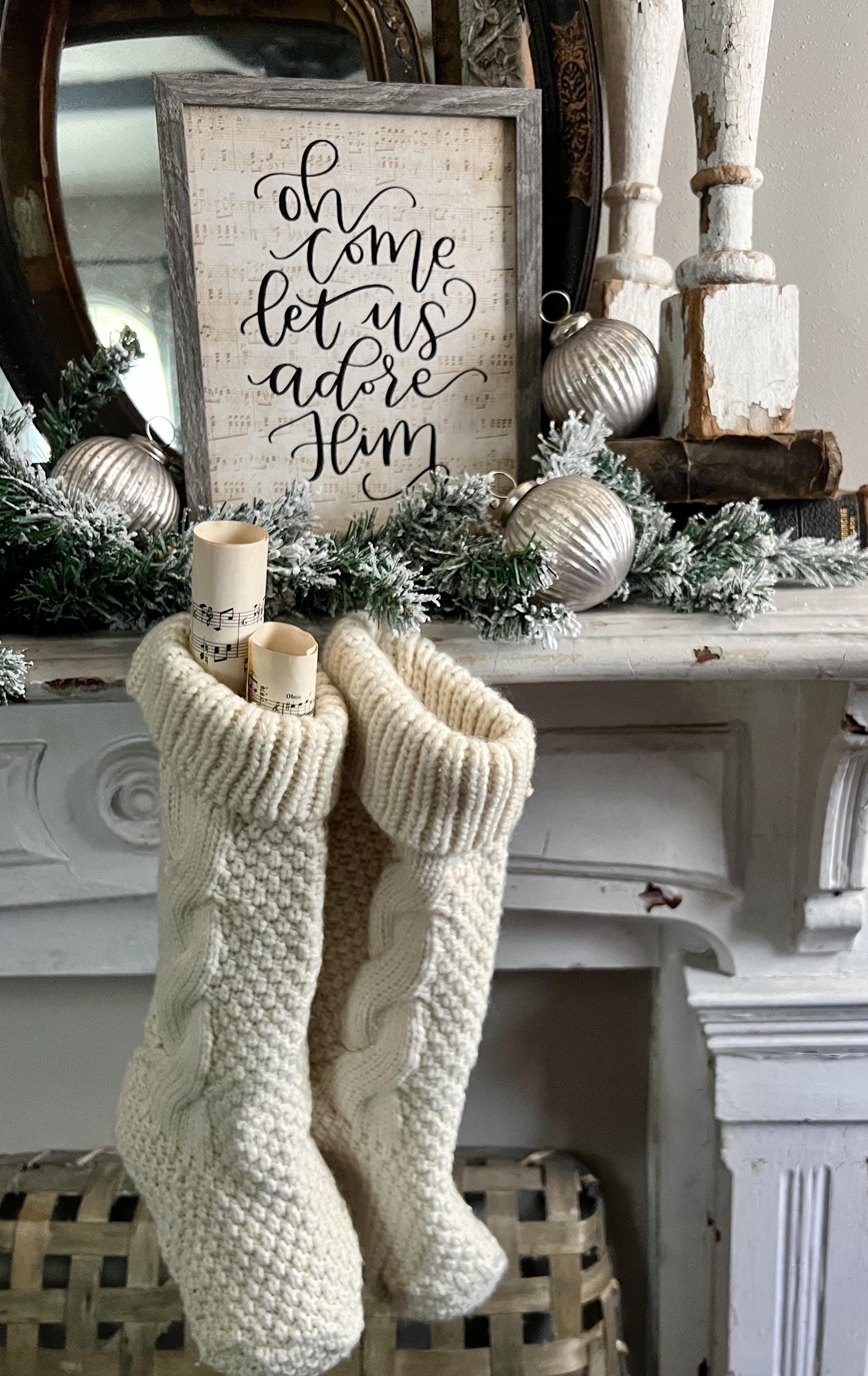 Oh Come Let Us Adore Him Wood Sign FRAMED Vintage Christmas Farmhouse Wall Art Print Sheet Music Book Page
