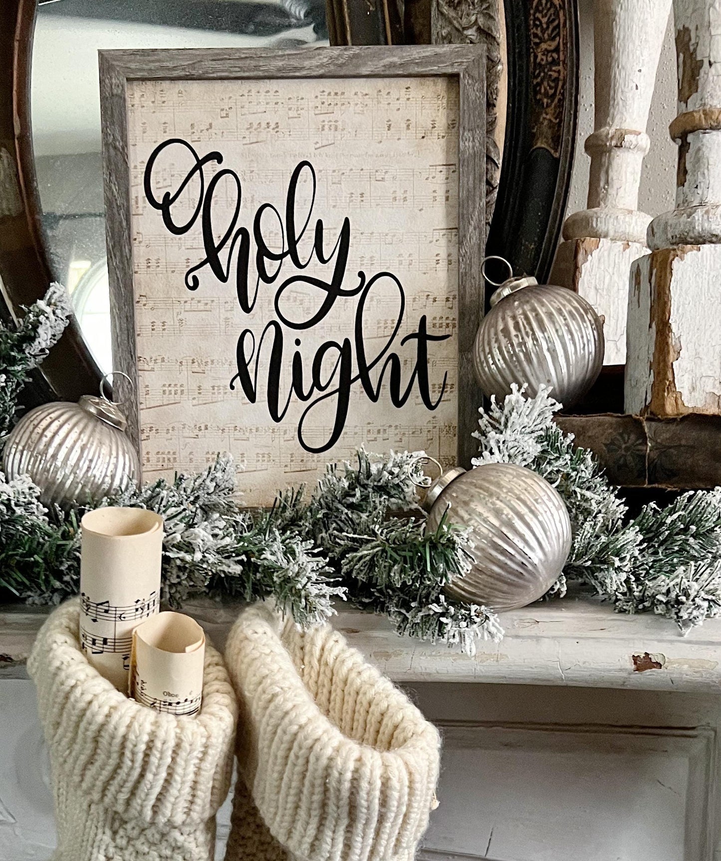 O Holy Night Wood Sign FRAMED Vintage Christmas Farmhouse Wall Art Print Sheet Music Book Page