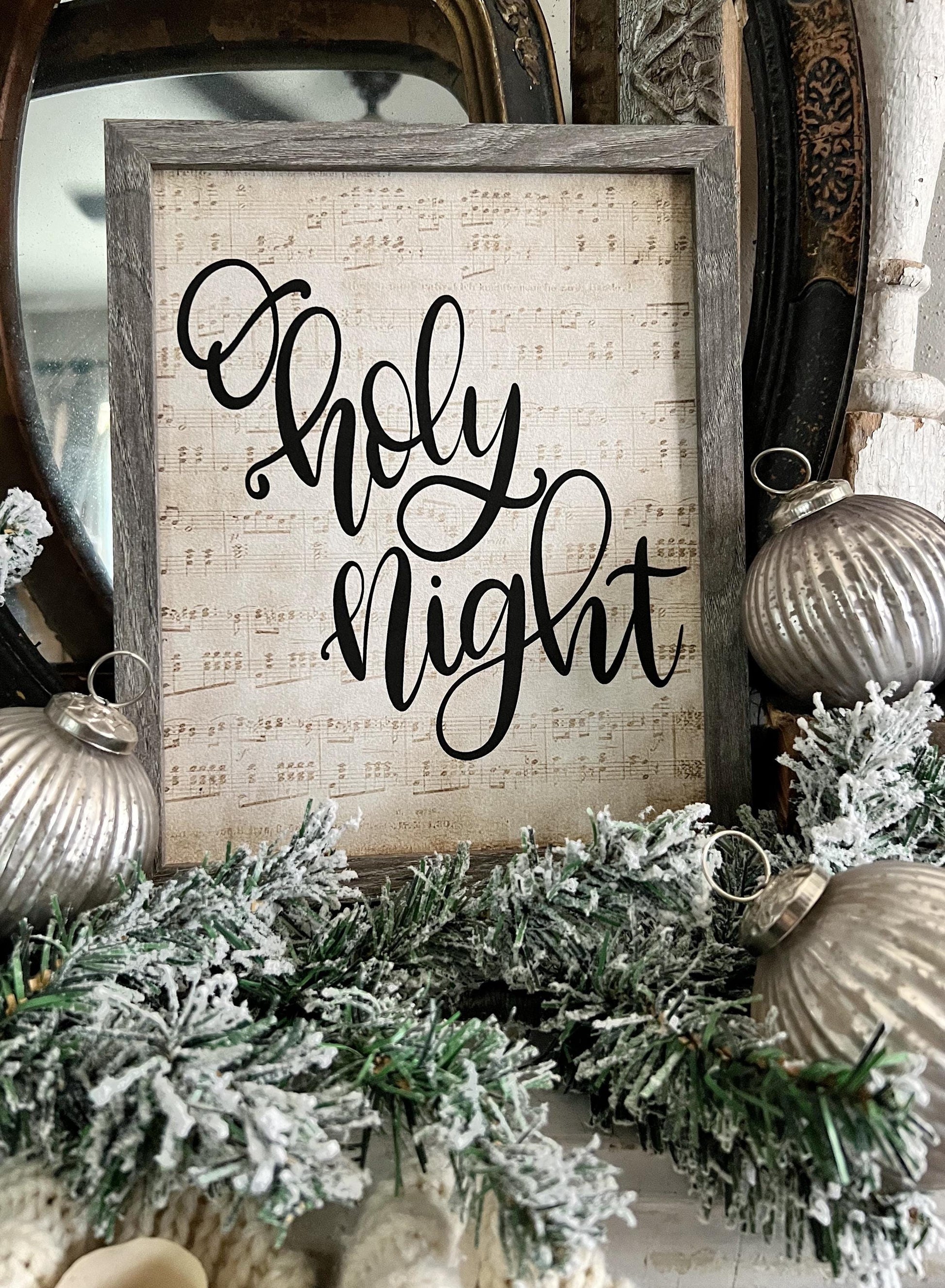 O Holy Night Wood Sign FRAMED Vintage Christmas Farmhouse Wall Art Print Sheet Music Book Page