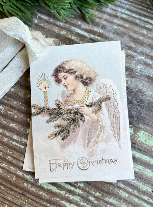 ANGEL Girl Candle Tree Happy Christmas Gift Tags Vintage Farmhouse Decor Card French Shabby Gift Wrap Christmas Tree Ornament