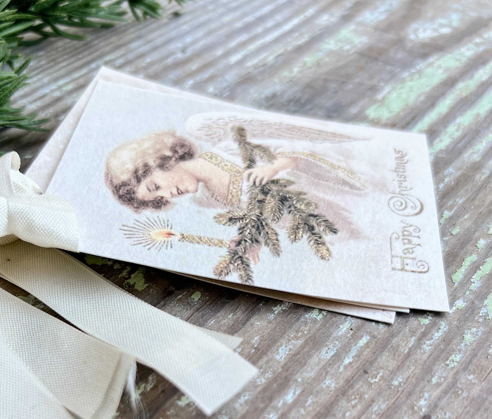 ANGEL Girl Candle Tree Happy Christmas Gift Tags Vintage Farmhouse Decor Card French Shabby Gift Wrap Christmas Tree Ornament