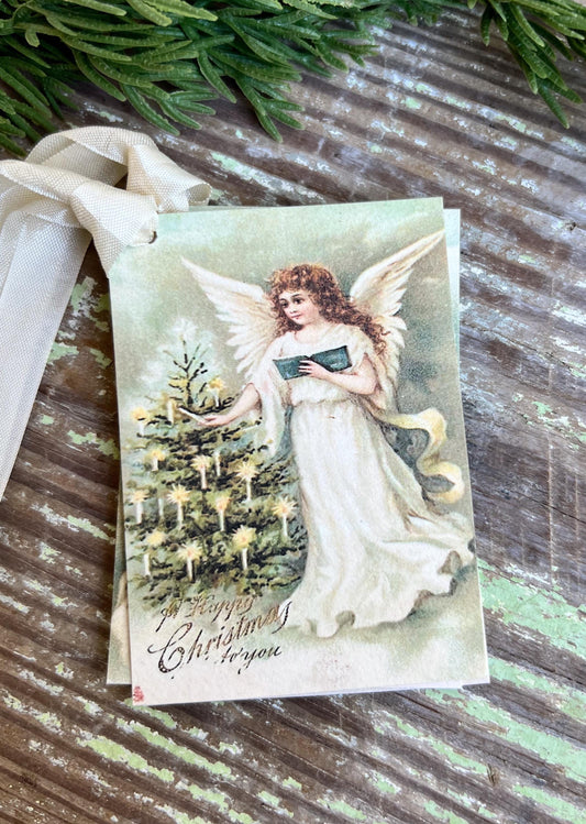 ANGEL Candle Tree Happy Christmas Gift Tags Vintage Farmhouse Decor Card French Shabby Gift Wrap Christmas Tree Ornament