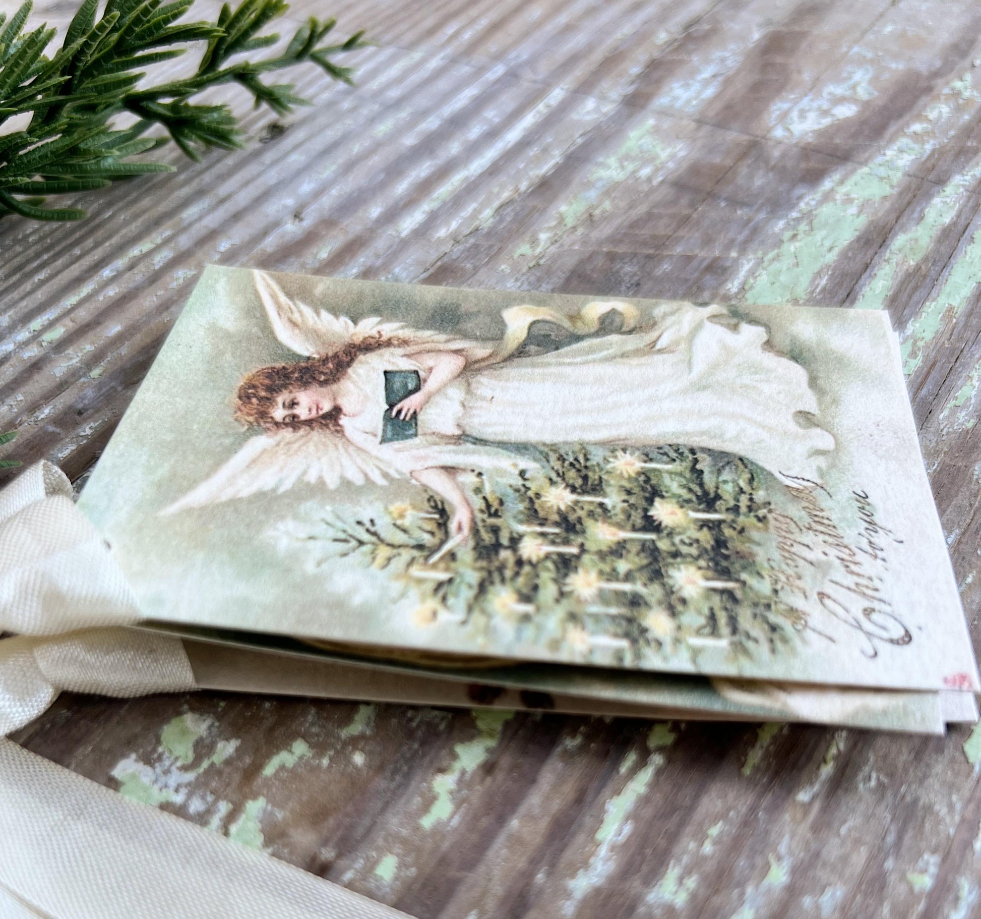 ANGEL Candle Tree Happy Christmas Gift Tags Vintage Farmhouse Decor Card French Shabby Gift Wrap Christmas Tree Ornament