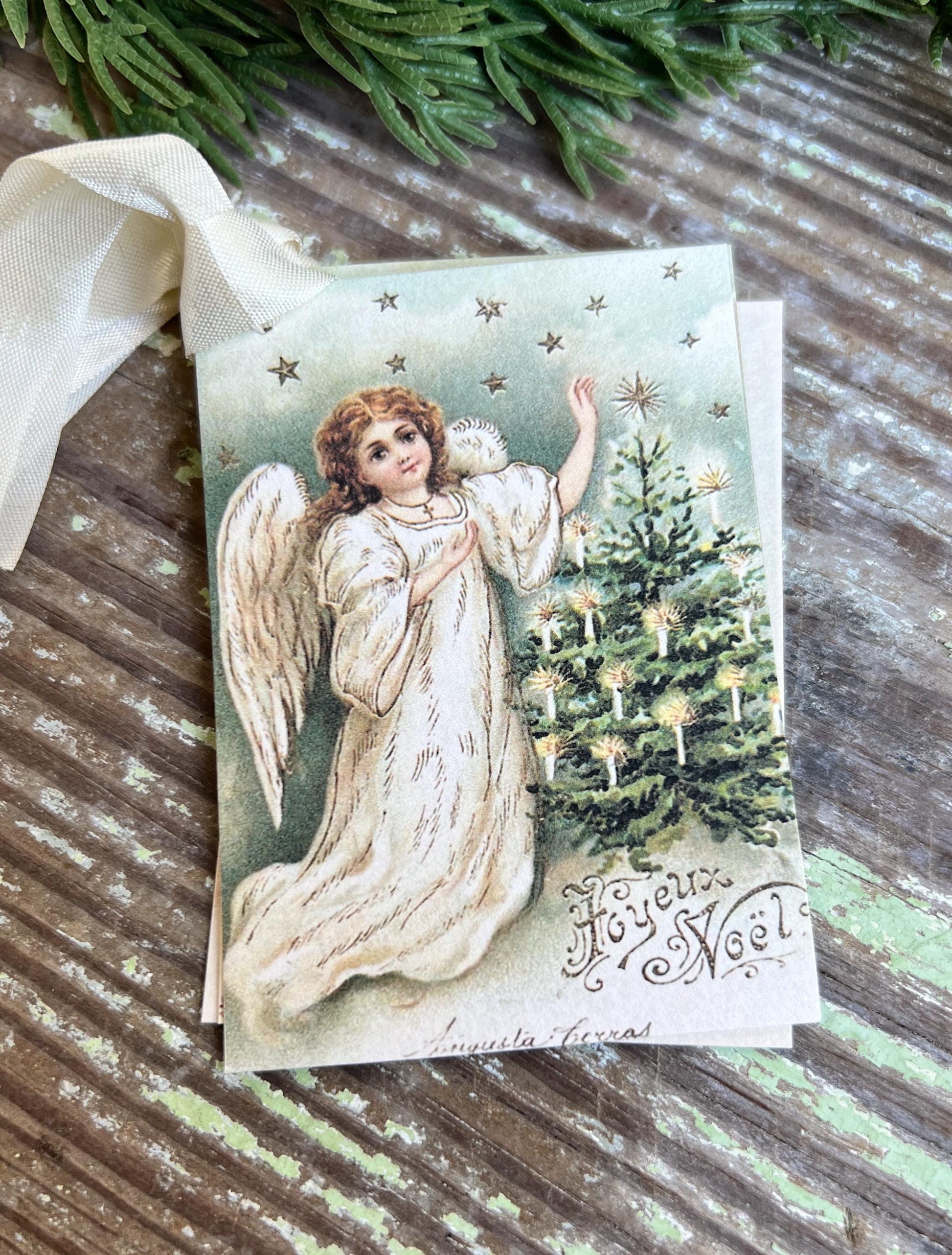 JOYEUX NOEL ANGEL Candle Tree Christmas Gift Tags Vintage Farmhouse Decor Card French Shabby Gift Wrap Christmas Tree Ornament