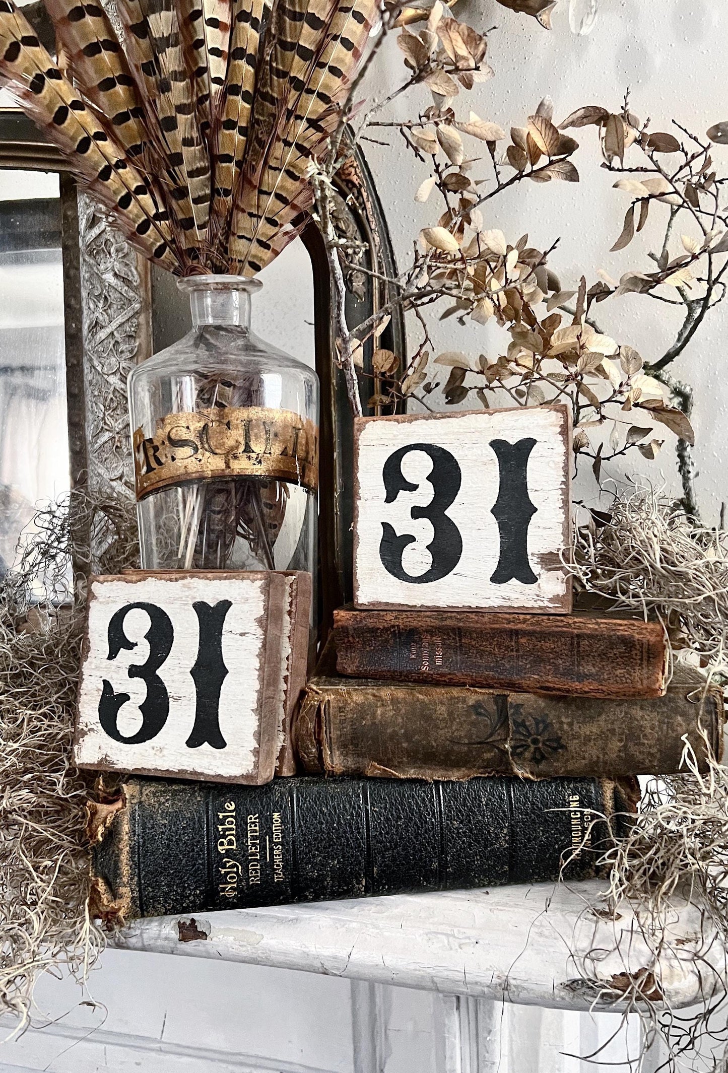 HALLOWEEN 31 Sign Tile Vintage Salvage Barn Wood Reclaimed White Chippy Paint Farmhouse Decor Architectural House Number Apartment Gothic