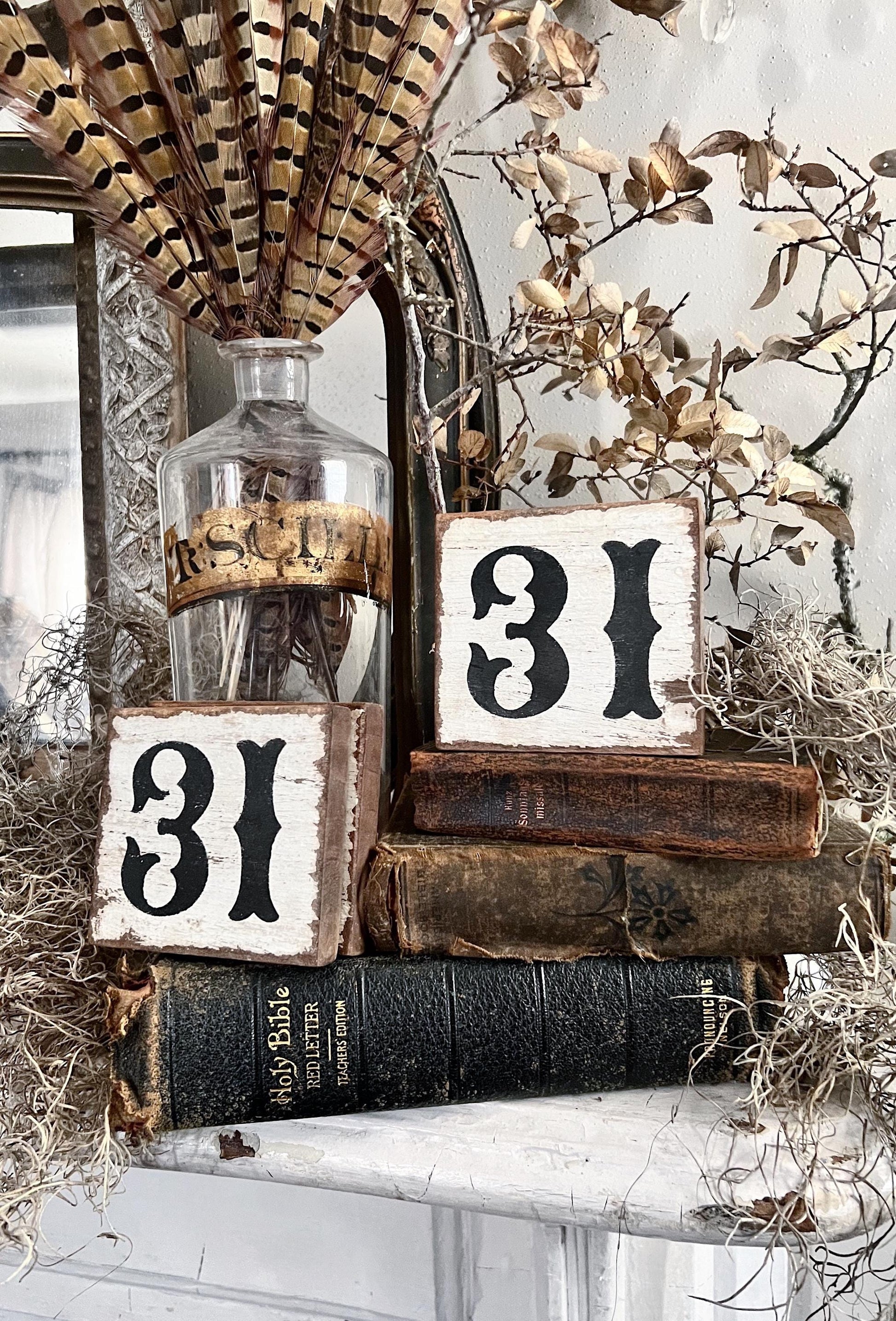 HALLOWEEN 31 Sign Tile Vintage Salvage Barn Wood Reclaimed White Chippy Paint Farmhouse Decor Architectural House Number Apartment Gothic