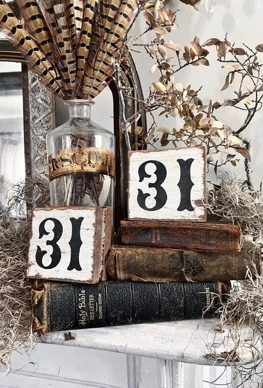 HALLOWEEN 31 Sign Tile Vintage Salvage Barn Wood Reclaimed White Chippy Paint Farmhouse Decor Architectural House Number Apartment Gothic