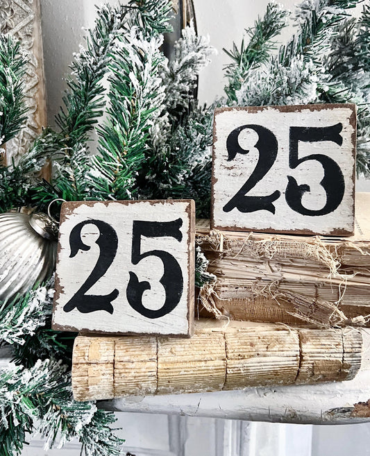CHRISTMAS 25 Sign Tile Vintage Salvage Barn Wood Reclaimed White Chippy Paint Farmhouse Decor Architectural House Number Apartment French