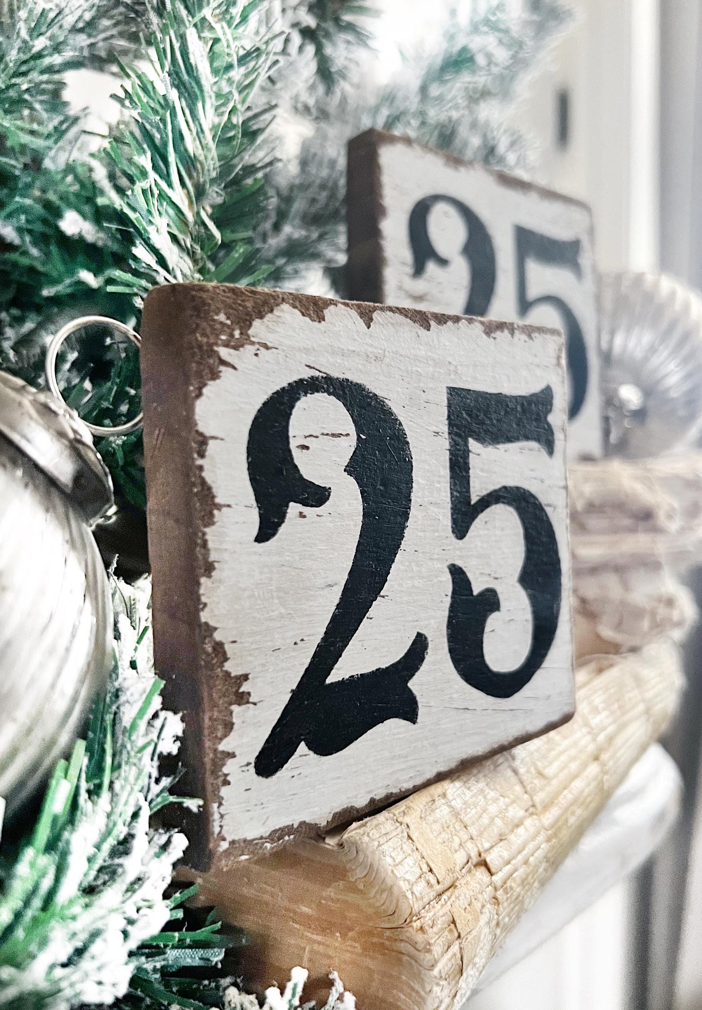CHRISTMAS 25 Sign Tile Vintage Salvage Barn Wood Reclaimed White Chippy Paint Farmhouse Decor Architectural House Number Apartment French